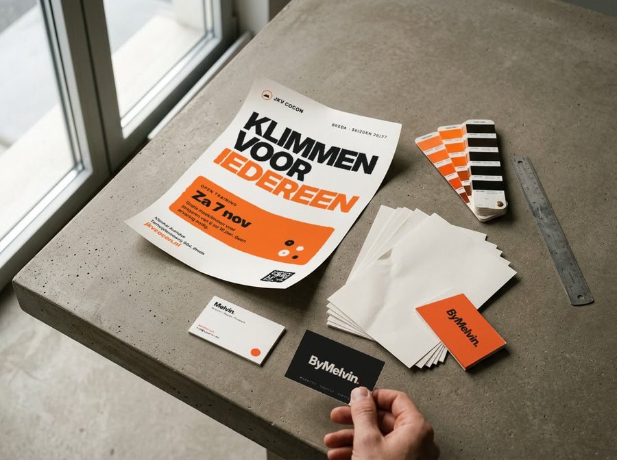 Poster en visitekaartjes op een betonnen tafel