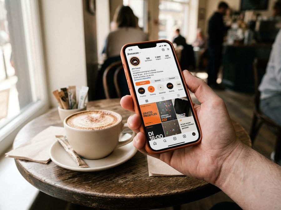 Hand met telefoon met een Instagram-profiel in een café