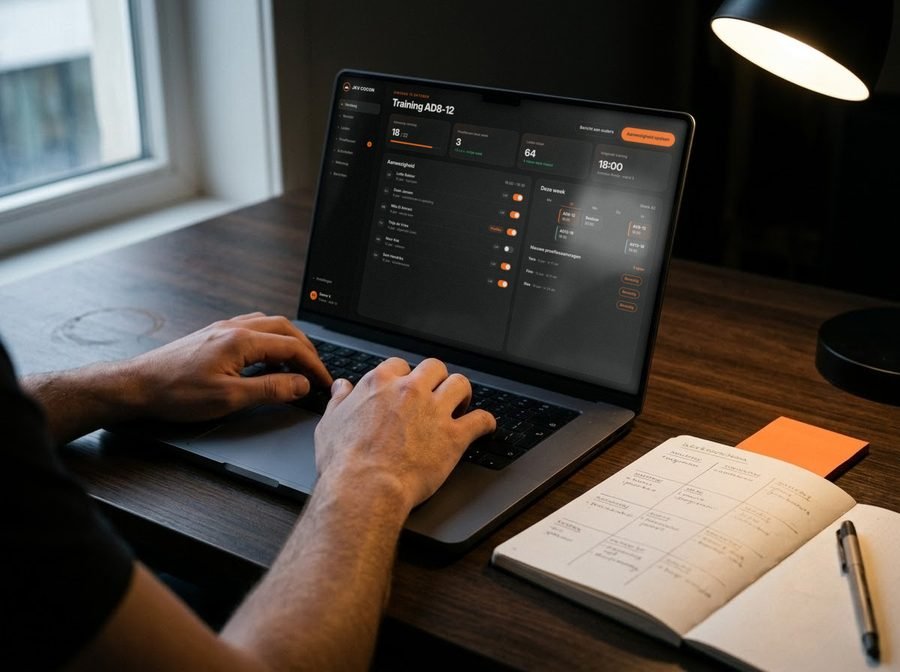 Iemand werkt op een laptop met een trainersdashboard