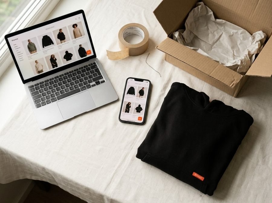 Laptop en telefoon met een webshop, naast een hoodie en verzenddoos