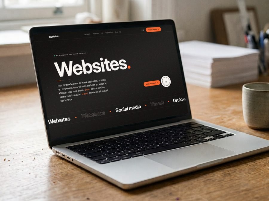 Laptop met een website op een houten bureau